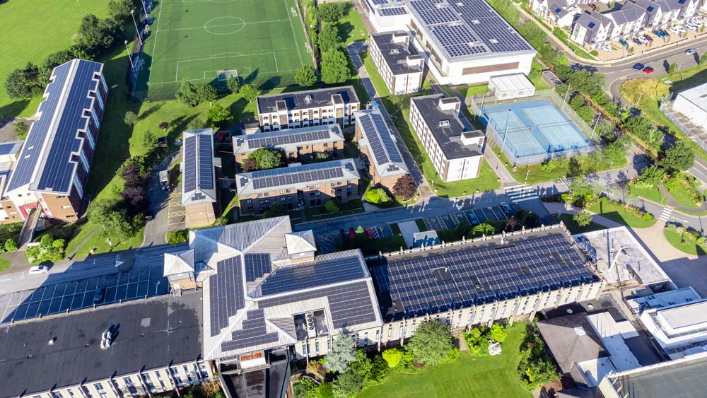 Aerial photo of 2000 solar panels on  campus